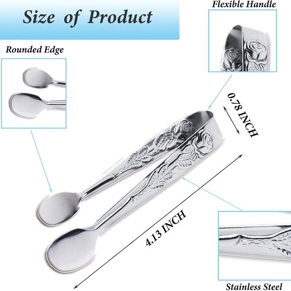 3PCS Mini Serving Tongs, 4Inch Rose Stainless Steel Sugar Cube Tongs, Sliver Sma - Picture 3 of 7
